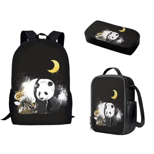 Pzuqiu Schulrucksack für Teenager, Kinder, Schultasche mit Lunchbox und Federmäppchen, Cartoon-Kinderrucksack, 3-teiliges Set, Panda Moon von Pzuqiu