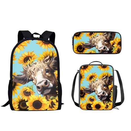 Pzuqiu Schulrucksack für Teenager, Kinder, Schultasche mit Lunchbox und Federmäppchen, Cartoon-Kinderrucksack, 3-teiliges Set, Sonnenblumenkuh von Pzuqiu