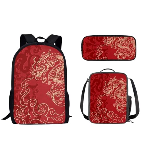 Pzuqiu Schulrucksack für Teenager, Kinder, Schultasche mit Lunchbox und Federmäppchen, tragbarer Kinderrucksack, 3-teiliges Set, Asiatischer Drache von Pzuqiu