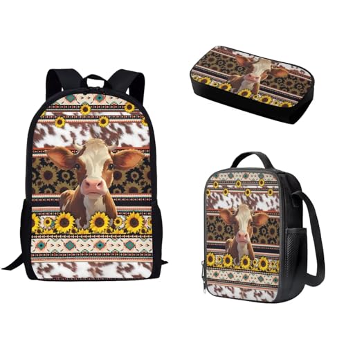 Pzuqiu Schulrucksack für Teenager, Kinder, Schultasche mit Lunchbox und Federmäppchen, tragbarer Kinderrucksack, 3-teiliges Set, Aztekische Kuh von Pzuqiu