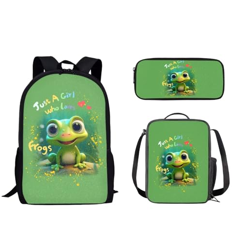 Pzuqiu Schulrucksack für Teenager, Kinder, Schultasche mit Lunchbox und Federmäppchen, tragbarer Kinderrucksack, 3-teiliges Set, Cartoon Frosch von Pzuqiu