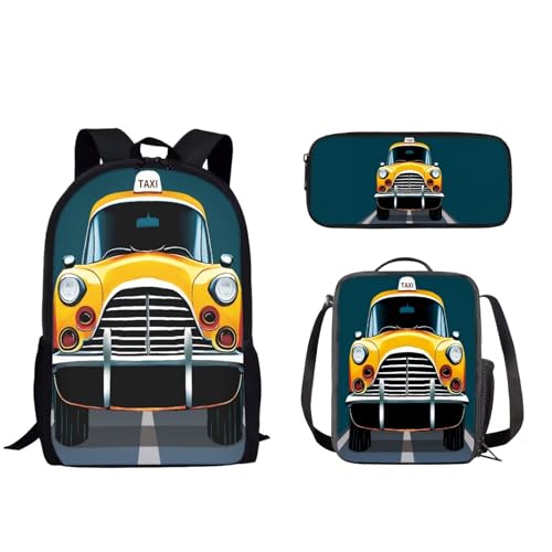 Pzuqiu Schulrucksack für Teenager, Kinder, Schultasche mit Lunchbox und Federmäppchen, tragbarer Kinderrucksack, 3-teiliges Set, Cartoon-Taxi von Pzuqiu