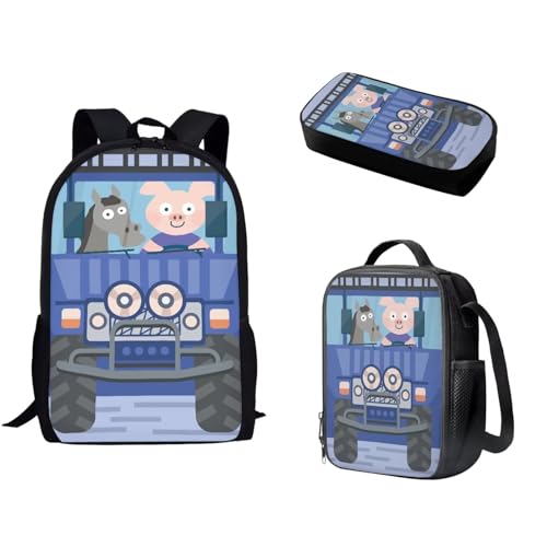 Pzuqiu Schulrucksack für Teenager, Kinder, Schultasche mit Lunchbox und Federmäppchen, tragbarer Kinderrucksack, 3-teiliges Set, Cartoon-Tier-Truck von Pzuqiu