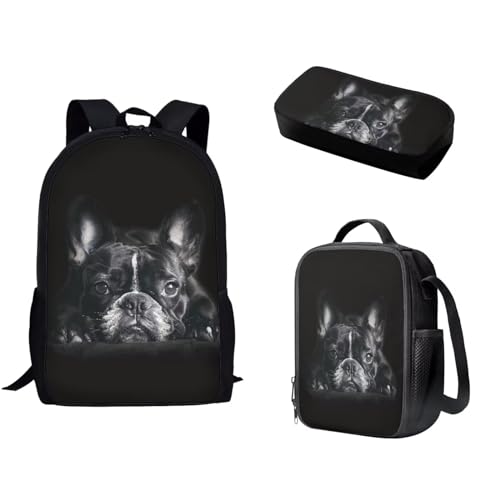 Pzuqiu Schulrucksack für Teenager, Kinder, Schultasche mit Lunchbox und Federmäppchen, tragbarer Kinderrucksack, 3-teiliges Set, Schwarzer Hund von Pzuqiu