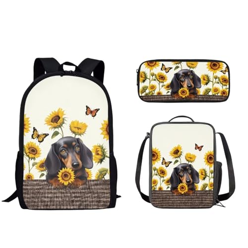 Pzuqiu Schulrucksack für Teenager, Kinder, Schultasche mit Lunchbox und Federmäppchen, tragbarer Kinderrucksack, 3-teiliges Set, Sonnenblumen-Welpe von Pzuqiu