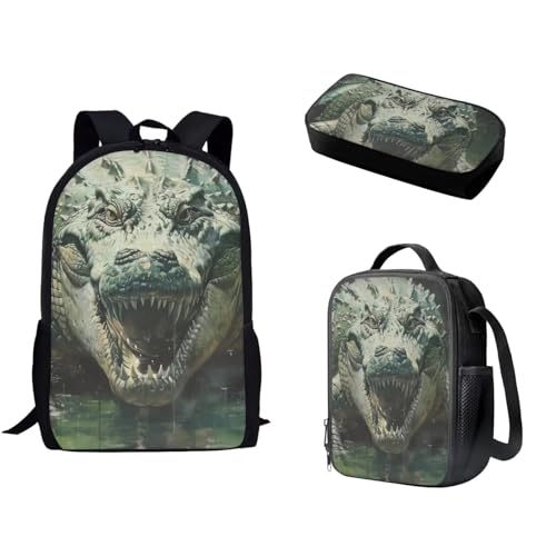 Pzuqiu Schulrucksack für Teenager, Kinder, Schultasche mit Lunchbox und Federmäppchen, tragbarer Kinderrucksack, 3-teiliges Set, krokodil von Pzuqiu