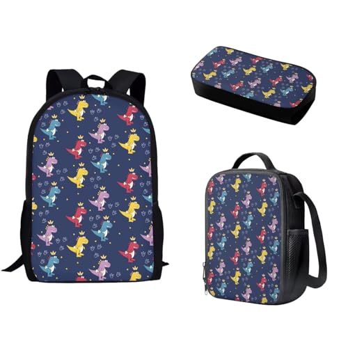 Pzuqiu Schultasche mit Lunchtasche und Federmäppchen, stilvoller Rucksack, elementar, Kinder, Büchertasche, 3-teiliges Set, Cartoon Dinosaurier von Pzuqiu