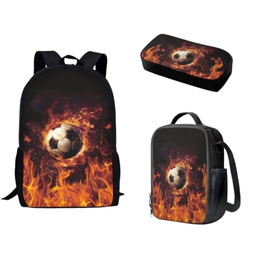 Pzuqiu Schultasche mit Lunchtasche und Federmäppchen, stilvoller Rucksack, elementar, Kinder, Büchertasche, 3-teiliges Set, Fire Soccer von Pzuqiu