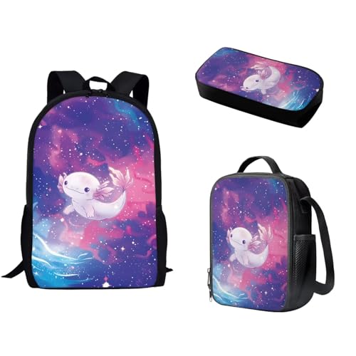 Pzuqiu Schultasche mit Lunchtasche und Federmäppchen, stilvoller Rucksack, elementar, Kinder, Büchertasche, 3-teiliges Set, Galaxy Axe Wal von Pzuqiu