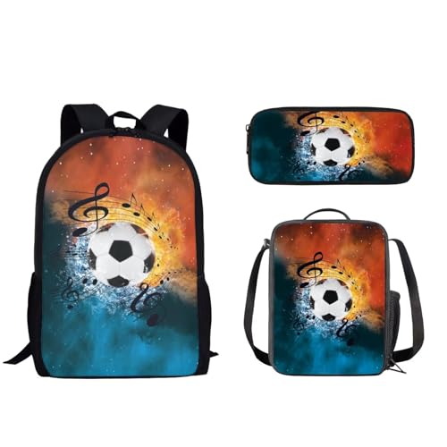 Pzuqiu Schultasche mit Lunchtasche und Federmäppchen, stilvoller Rucksack, elementar, Kinder, Büchertasche, 3-teiliges Set, Musiknoten-Fußball von Pzuqiu