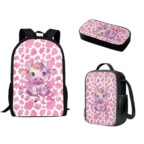 Pzuqiu Schultasche mit Lunchtasche und Federmäppchen, stilvoller Rucksack, elementar, Kinder, Büchertasche, 3-teiliges Set, Rosa Kuh von Pzuqiu