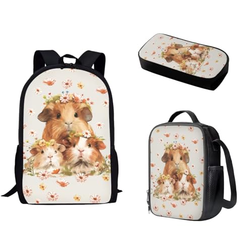 Pzuqiu Schultasche mit Lunchtasche und Federmäppchen, stilvoller Rucksack, elementar, Kinder, Büchertasche, 3-teiliges Set, Süßer Hamster von Pzuqiu