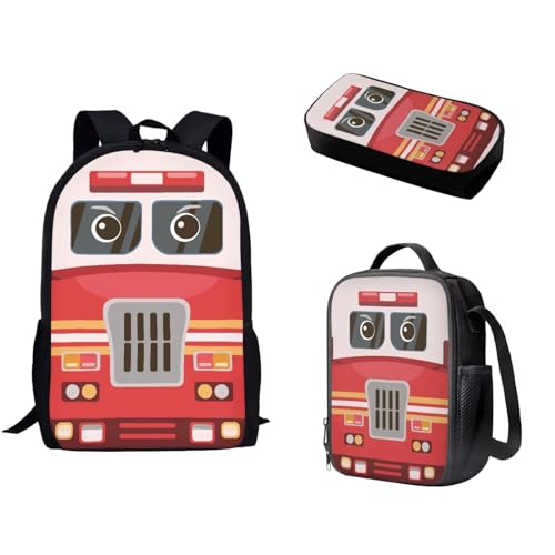 Pzuqiu Schultasche mit Lunchtasche und Federmäppchen für Mädchen/Jungen, Schüler-Rucksack, Elementar-Kinder, Büchertasche, 3-teiliges Set, Cartoon-Feuerwehrauto von Pzuqiu