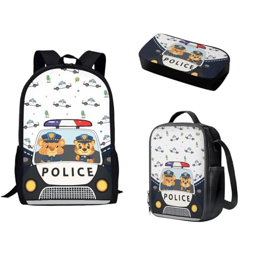 Pzuqiu Schultasche mit Lunchtasche und Federmäppchen für Mädchen/Jungen, Schüler-Rucksack, Elementar-Kinder, Büchertasche, 3-teiliges Set, Cartoon-Polizeiauto von Pzuqiu