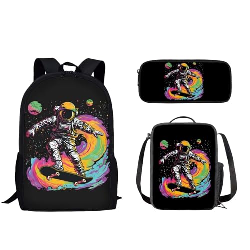 Pzuqiu Schultasche mit Lunchtasche und Federmäppchen für Mädchen/Jungen, Schüler-Rucksack, Elementar-Kinder, Büchertasche, 3-teiliges Set, Cooler Astronaut von Pzuqiu