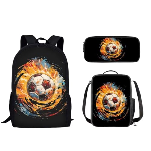 Pzuqiu Schultasche mit Lunchtasche und Federmäppchen für Mädchen/Jungen, Schüler-Rucksack, Elementar-Kinder, Büchertasche, 3-teiliges Set, Cooler Fußball von Pzuqiu