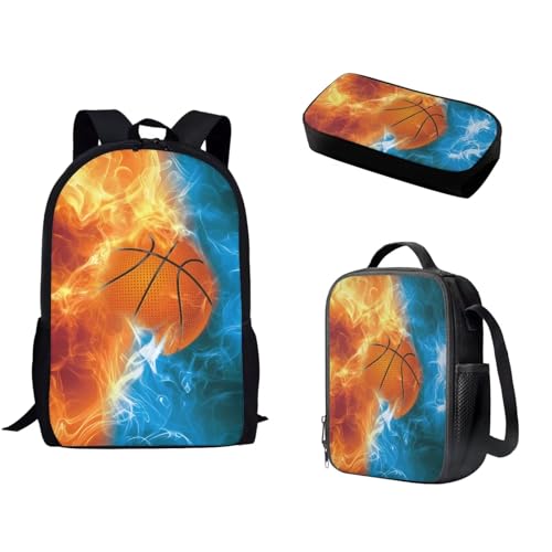 Pzuqiu Schultasche mit Lunchtasche und Federmäppchen für Mädchen/Jungen, Schüler-Rucksack, Elementar-Kinder, Büchertasche, 3-teiliges Set, Feuer-Basketball von Pzuqiu