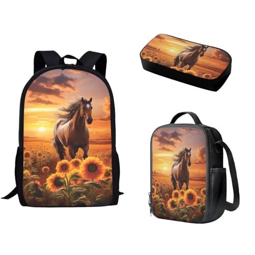 Pzuqiu Schultasche mit Lunchtasche und Federmäppchen für Mädchen/Jungen, Schüler-Rucksack, Elementar-Kinder, Büchertasche, 3-teiliges Set, Sonnenblumenpferd von Pzuqiu