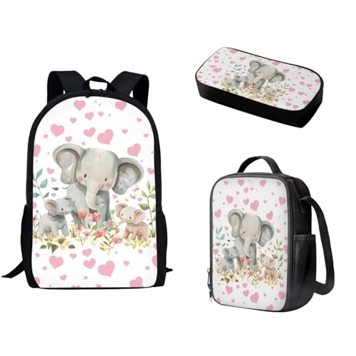 Pzuqiu Schultasche mit Lunchtasche und Federmäppchen für Mädchen/Jungen, Schüler-Rucksack, Elementar-Kinder, Büchertasche, 3-teiliges Set, Süßer Elefant von Pzuqiu