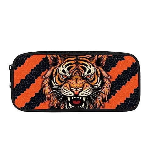 Pzuqiu Tragbares, stabiles Federmäppchen, Federmäppchen für Damen, Mädchen, Kinder, Teenager, Make-up-Tasche mit 1 Hauptfach, Tigerkopf, Schulranzen von Pzuqiu