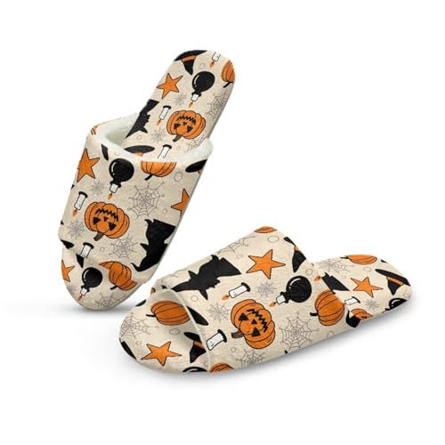 Pzuqiu Winter-Hausschuhe für Damen, offener Zehenbereich, niedlich, bequem, für drinnen und draußen, flauschige Hausschuhe mit Memory-Schaum, Halloween Kürbis Katze, 36/37 EU von Pzuqiu