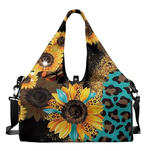 Pzuqiu Yoga-Turntasche mit Leopardenmuster und Sonnenblumen-Motiv, für Damen und Herren, wasserdicht, für Übernachtung und Mutterschaft von Pzuqiu