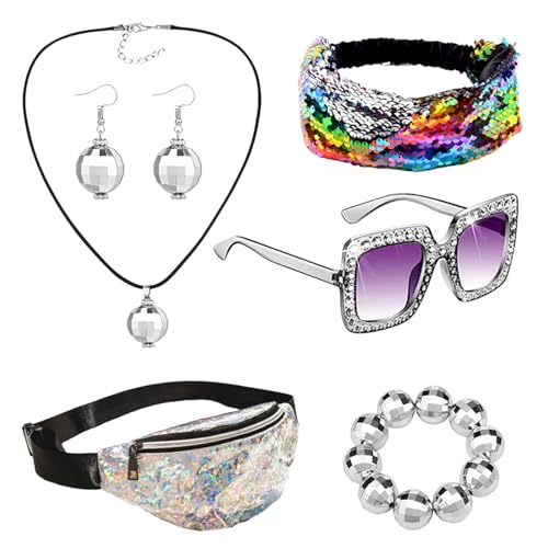 Pzuryhg 70er Jahre Disco Stirnband Discokugel Armband Ohrringe Hüfttasche | Discokugel Ohrringe Halskette Armbänder | /Set Discokugel Ohrringe Halskette Armbänder für Mädchen, Refer to, von Pzuryhg