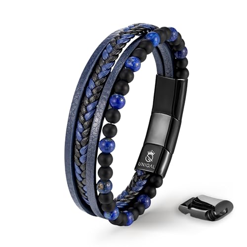 UNIQAL | Echtleder Armband Herren mit Natursteinen "FANCY" Mens nature stone Bracelet | Edelstahl, Männer | Etui Box Gratis (BLAU LAPIS LAZULI, 19) von Q UNIQAL STORE GERMANY