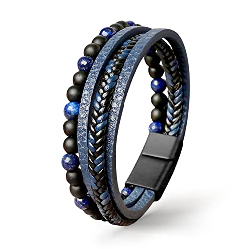 UNIQAL | Echtleder Armband Herren mit Natursteinen "FANCY" Mens nature stone Bracelet | Edelstahl, Männer | Etui Box Gratis (BLAU LAPIS LAZULI, 21) von Q UNIQAL STORE GERMANY