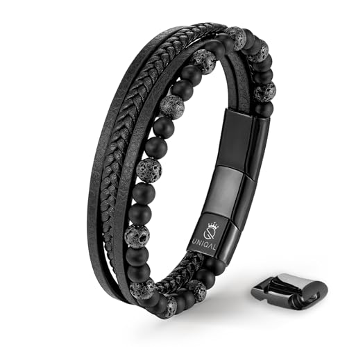 UNIQAL | Echtleder Armband Herren mit Natursteinen "FANCY" Mens nature stone Bracelet | Edelstahl, Männer | Etui Box Gratis (LAVA STEIN, 19) von Q UNIQAL STORE GERMANY