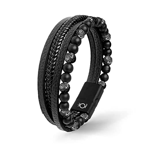 UNIQAL | Echtleder Armband Herren mit Natursteinen "FANCY" Mens nature stone Bracelet | Edelstahl, Männer | Etui Box Gratis (LAVA STEIN, 21) von Q UNIQAL STORE GERMANY