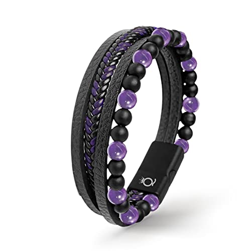 UNIQAL | Echtleder Armband Herren mit Natursteinen "FANCY" Mens nature stone Bracelet | Edelstahl, Männer | Etui Box Gratis (LILA AMETHYST, 19) von Q UNIQAL STORE GERMANY