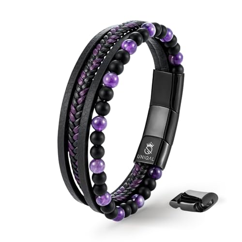 UNIQAL | Echtleder Armband Herren mit Natursteinen "FANCY" Mens nature stone Bracelet | Edelstahl, Männer | Etui Box Gratis (LILA AMETHYST, 19) von Q UNIQAL STORE GERMANY