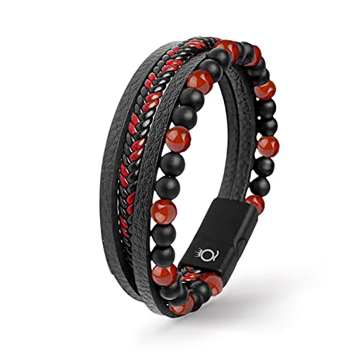 UNIQAL | Echtleder Armband Herren mit Natursteinen "FANCY" Mens nature stone Bracelet | Edelstahl, Männer | Etui Box Gratis (ROT AGATE, 19) von Q UNIQAL STORE GERMANY