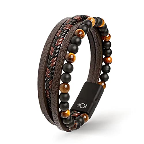 UNIQAL | Echtleder Armband Herren mit Natursteinen "FANCY" Mens nature stone Bracelet | Edelstahl, Männer | Etui Box Gratis (ROTES TIGERAUGE, 19) von Q UNIQAL STORE GERMANY