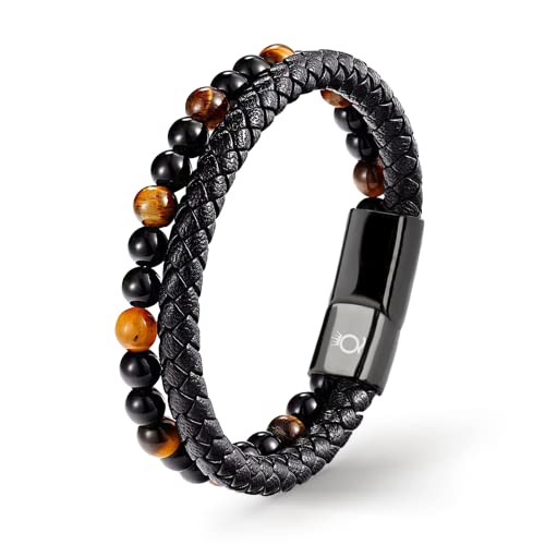 UNIQAL | Echtleder Armband Herren mit Natursteinen "PASSION" Mens nature stone Bracelet | Edelstahl, Männer | Etui Box Gratis (GELBES TIGERAUGE, 21) von Q UNIQAL STORE GERMANY