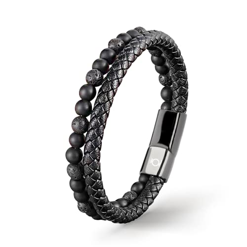 UNIQAL | Echtleder Armband Herren mit Natursteinen "PASSION" Mens nature stone Bracelet | Edelstahl, Männer | Etui Box Gratis (LAVASTEIN SCHWARZ, 19) von Q UNIQAL STORE GERMANY