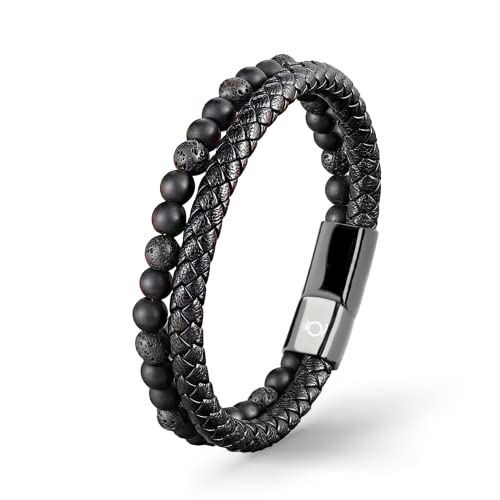 UNIQAL | Echtleder Armband Herren mit Natursteinen "PASSION" Mens nature stone Bracelet | Edelstahl, Männer | Etui Box Gratis (LAVASTEIN SCHWARZ, 21) von Q UNIQAL STORE GERMANY