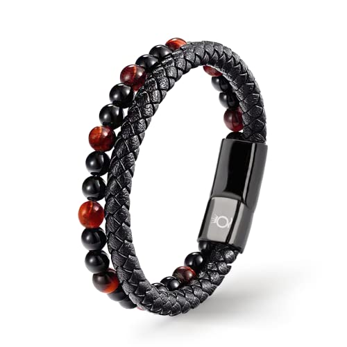 UNIQAL | Echtleder Armband Herren mit Natursteinen "PASSION" Mens nature stone Bracelet | Edelstahl, Männer | Etui Box Gratis (ROTES TIGERAUGE, 19) von Q UNIQAL STORE GERMANY