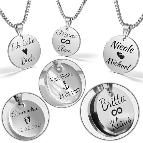 UNIQAL - Gravur-Halskette aus Edelstahl – Persönlicher Anhänger mit Name, Datum oder Koordinaten – Geschenkidee für Frauen & Männer – Individuelle und bedeutungsvolle Namenskette (Silber Coin) von Q UNIQAL STORE GERMANY