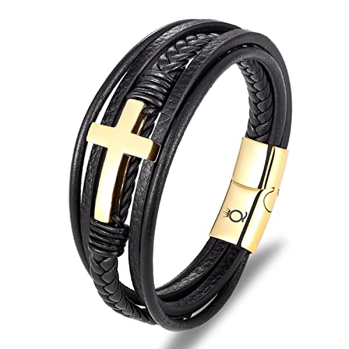 UNIQAL | Kreuz Leder Armband "HEAVEN" Cross Bracelet | Geschenk Box | Magnetverschluss (Gold, 21) von Q UNIQAL STORE GERMANY