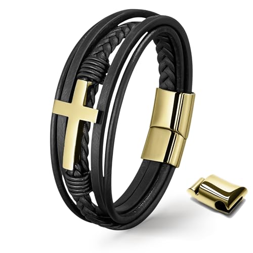UNIQAL | Kreuz Leder Armband "HEAVEN" Cross Bracelet | Geschenk Box | Magnetverschluss (Gold, 23) von Q UNIQAL STORE GERMANY