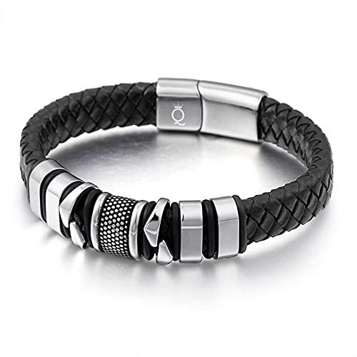 UNIQAL | Lederarmband Herren "BLACK MAMBA" Mens Bracelet | Gratis Geschenk Box | Echtleder, Edelstahl (Silber, 23) von Q UNIQAL STORE GERMANY