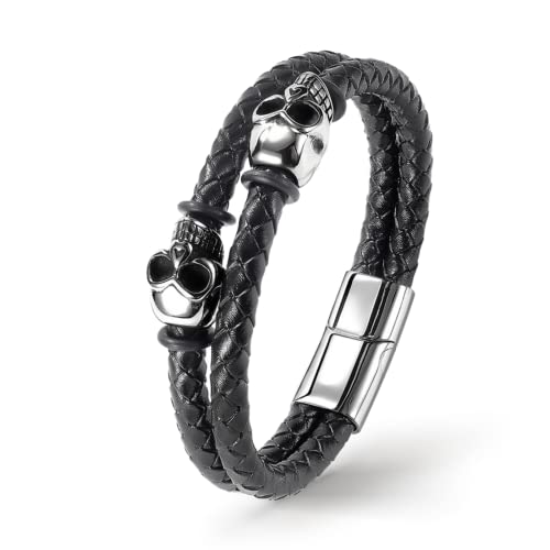 UNIQAL | Lederarmband Herren "DARK BONE" Mens Bracelet Totenkopf Skull | Gratis Geschenk Box | Echtleder, Edelstahl (21) von Q UNIQAL STORE GERMANY