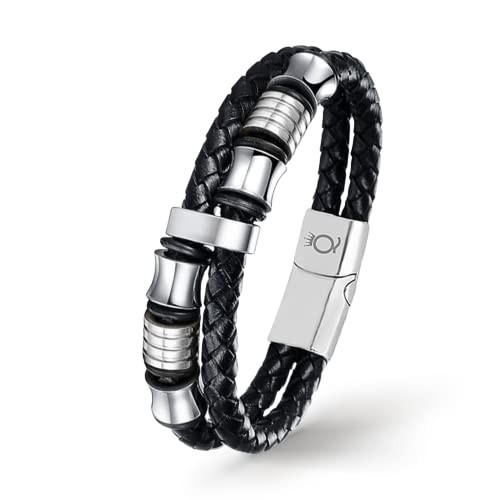 UNIQAL | Lederarmband Herren "DOUBLE LAYER" Mens Bracelet | Gratis Geschenk Box | Echtleder, Edelstahl (Silber, 21) von Q UNIQAL STORE GERMANY