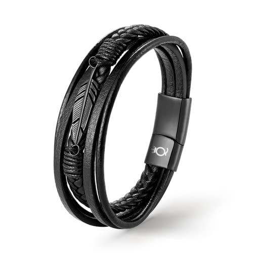 UNIQAL | Lederarmband Herren "FEATHER" Mens Bracelet | Edelstahl, Echtleder | Etui Box Gratis (Schwarz, 19) von Q UNIQAL STORE GERMANY