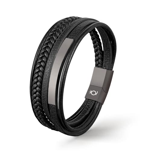 UNIQAL | Lederarmband Herren "PLATE" Mens Bracelet | Edelstahl, Echtleder | Etui Box Gratis (Schwarz, 19) von Q UNIQAL STORE GERMANY