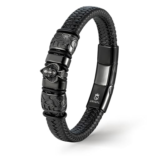 UNIQAL | Totenkopf Armband Herren aus Leder | Skull Bracelet Biker Rock Schmuck | Edelstahl Magnetverschluss | Handgemacht in Deutschland | Geschenkidee Geburtstag (ACE OF SPADE BLACK, 19) von Q UNIQAL STORE GERMANY