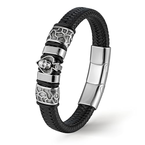 UNIQAL | Totenkopf Armband Herren aus Leder | Skull Bracelet Biker Rock Schmuck | Edelstahl Magnetverschluss | Handgemacht in Deutschland | Geschenkidee Geburtstag (ACE OF SPADE SILVER, 19) von Q UNIQAL STORE GERMANY