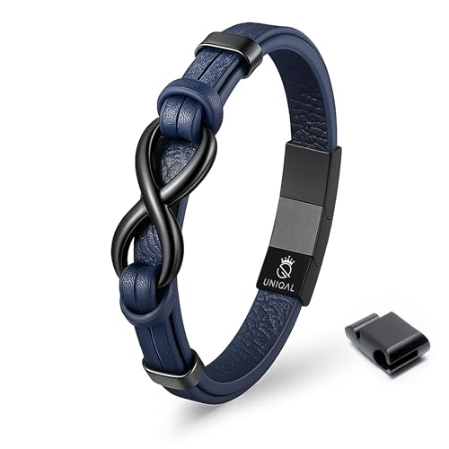 UNIQAL | Unendlichkeit Leder Armband "INFINITY" Herren | Edelstahl/Echtleder Schwarz und Braun + Geschenk Etui box (Blau, 23) von Q UNIQAL STORE GERMANY